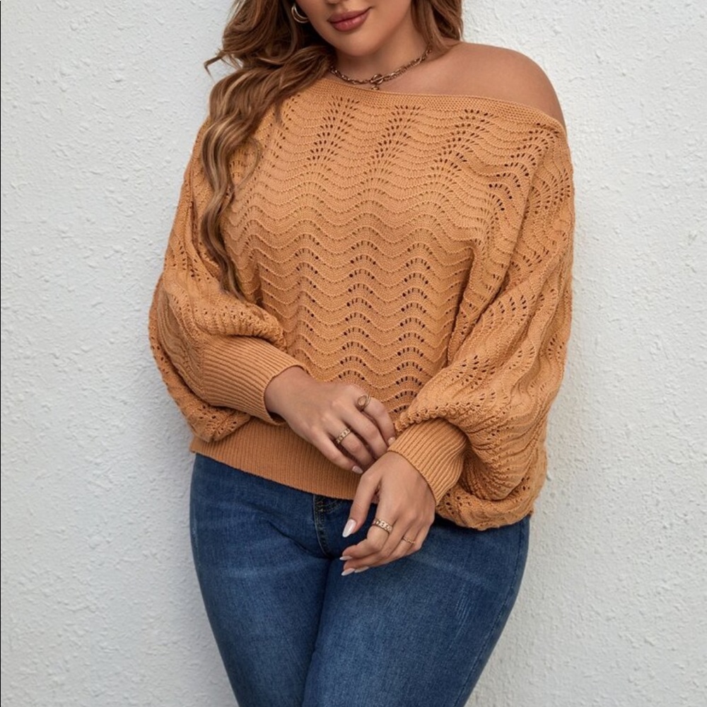 Plus Off Shoulder Asymmetrical Neck Batwing Cuff Sleeve Sweater Top - Picture 12 of 13